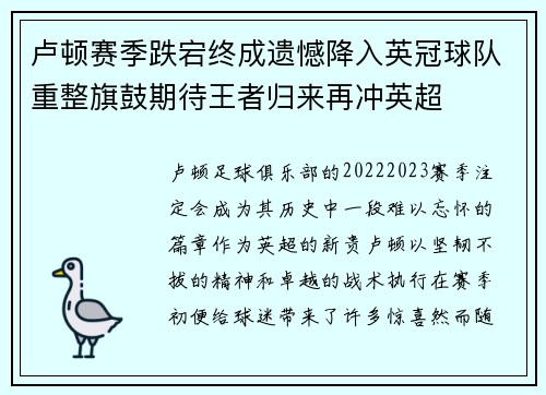 卢顿赛季跌宕终成遗憾降入英冠球队重整旗鼓期待王者归来再冲英超 卢顿赛季跌宕终成遗憾降入英冠球队重整旗鼓期待王者归来再冲英超